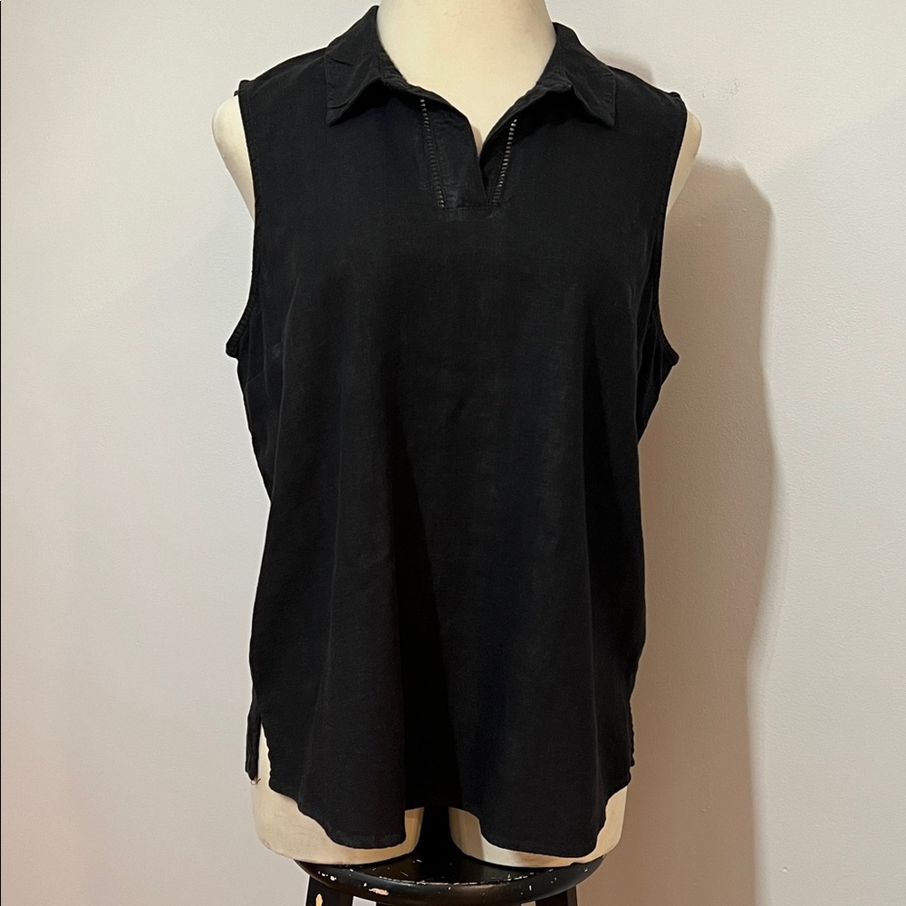 Joan Rivers Black Sleeveless Linen Top w/ ladder Stitch Collard Pull-Over v-Neck